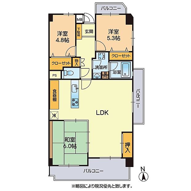 スカイハイツ健軍(3LDK) 6階/506の間取り