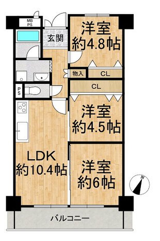 パークハイツ磯路(3LDK) 5階の間取り