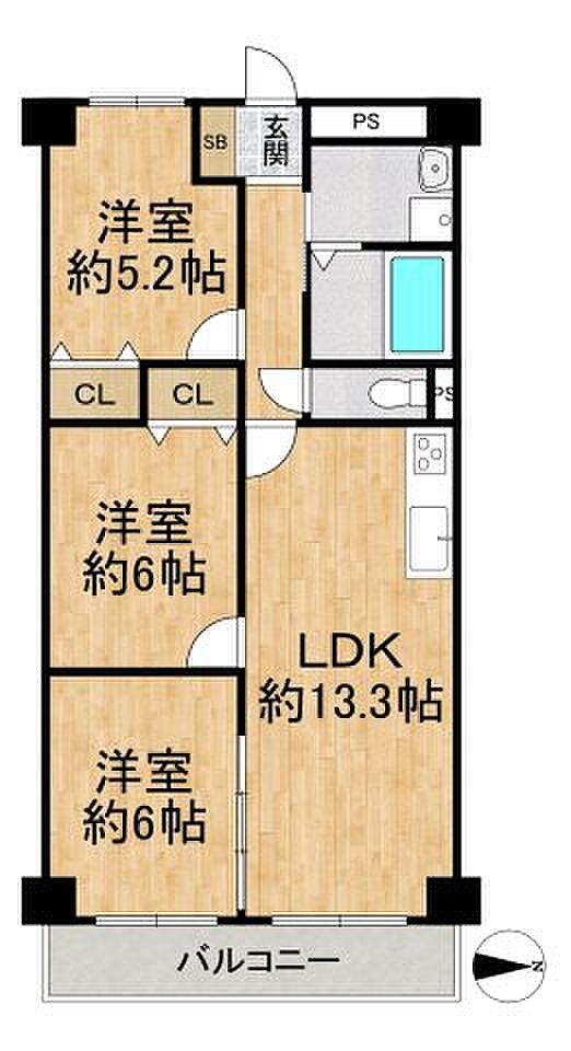 サンハイム第2中津(3LDK) 3階の間取り