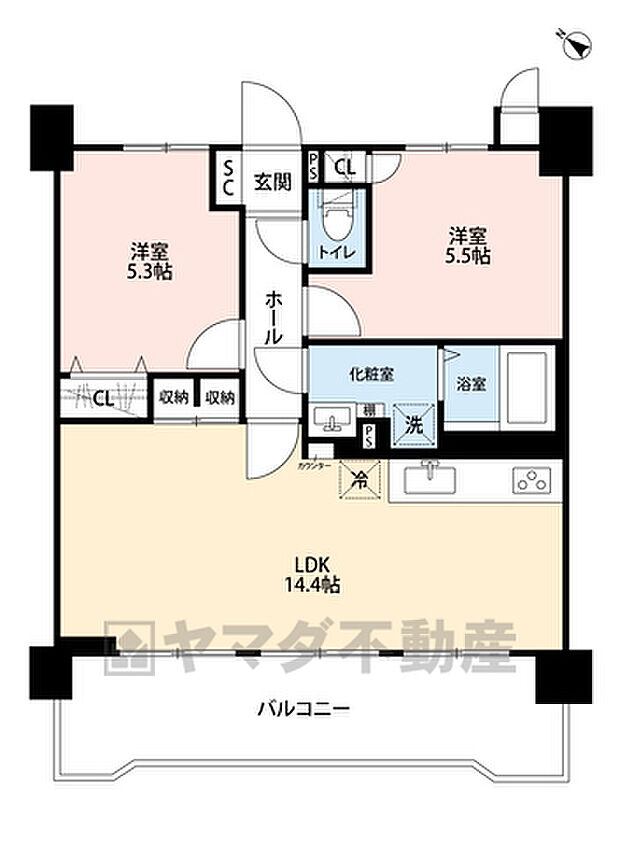 LDK・バルコニーは南西向きで陽当たり良好。居室やリビングに収納を確保しています。