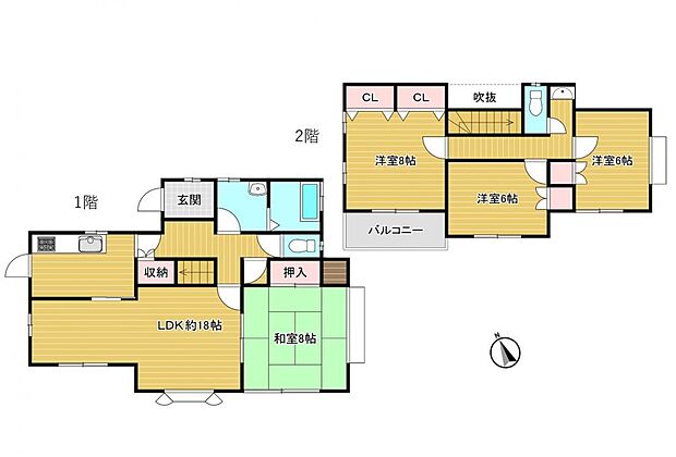 【間取図】間取りは5LDKのお家。1階に和室があると来客の差便利ですね。2階にもトイレと洗面台があるので安全かつ便利ですね。