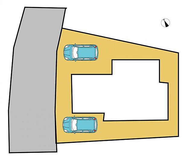 【区画図】区画図写真です。駐車場は2台分御座います。前面道路も広く、お車の駐車が苦手な方でも安心ですね。ご家族皆様のお車も駐車頂けます。