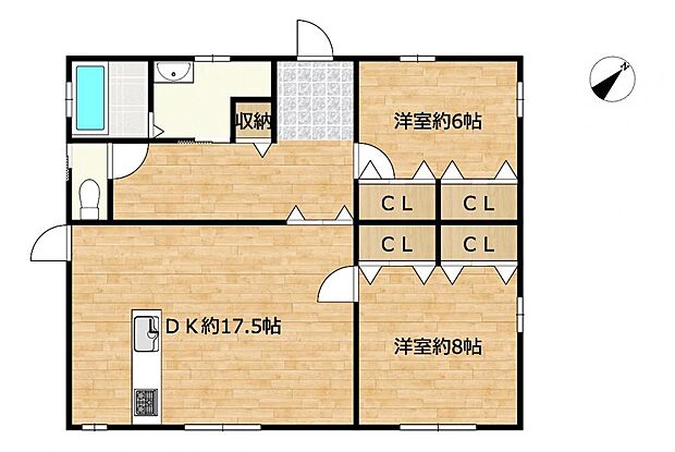【間取り図】2LDKの使いやすいリビングと洋室二部屋の造りとなっております。洋室各お部屋収納が2つずつついておりますので、平屋ながら収納スペースが十分確保されております。