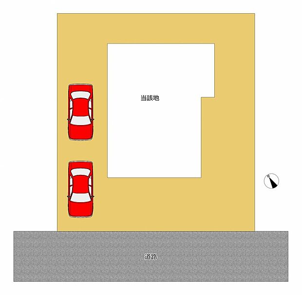 【区画図】駐車場は2台お停めできます。お車でのご移動が欠かせないエリアですので駐車場スペースは欠かせませんね。リフォームで隅切りを作成してお車駐車ご不安な方でも安心して駐車可能です。