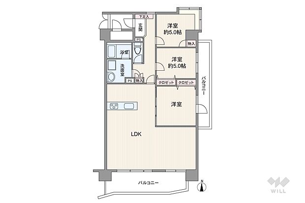 間取りは専有面積90.00平米の3LDK。全居室洋室仕様のプラン。専用ポーチ付きで玄関先から室内を見通しにくいため、プライバシー性の高い造り