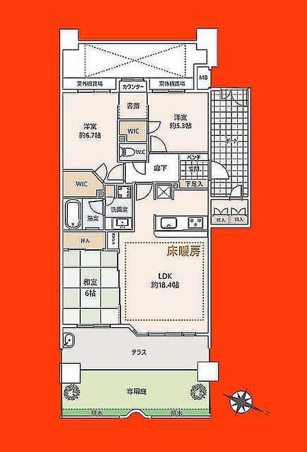 レクセルマンション習志野(3LDK) 1階の間取り