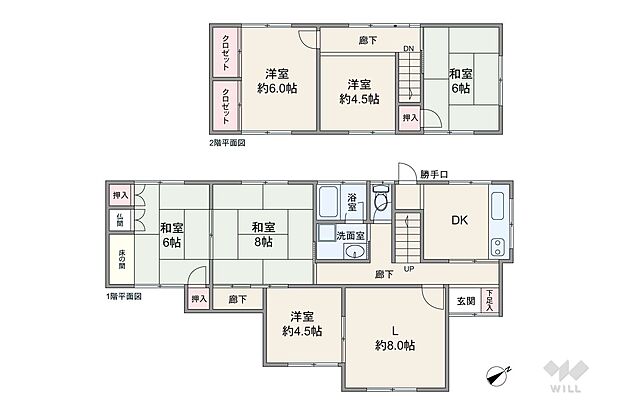 間取りは延べ床面積114.90平米の6LDK。2世帯住宅としても使用できるプラン。廊下が短く、居室スペースを広く確保しています。キッチンに勝手口、浴室とトイレに窓付きです。