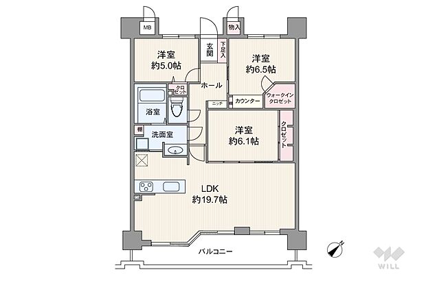 間取りは専有面積82.52平米の3LDK。LDK約19.7帖のプラン。バルコニー面積は13.09平米です。