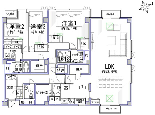 専有面積225.41平米の広さは、都心のマンションではめったにお目にかかれません。52.6帖のLDK。洋室は8.6帖、8.4帖、7.0帖、8.1帖（4LDKの場合）の広さがあります。