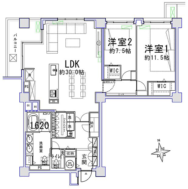 専有面積約123.89平米、2LDKの場合、約30.0帖のLDKに約11.5帖と約7.5帖の洋室があります。洋室にはウォークインクローゼット、廊下に納戸、洗面室にはリネン庫があります。