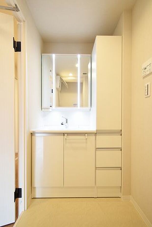 収納つきの鏡や造作棚で必要な収納スペースを確保し、スッキリした空間です。