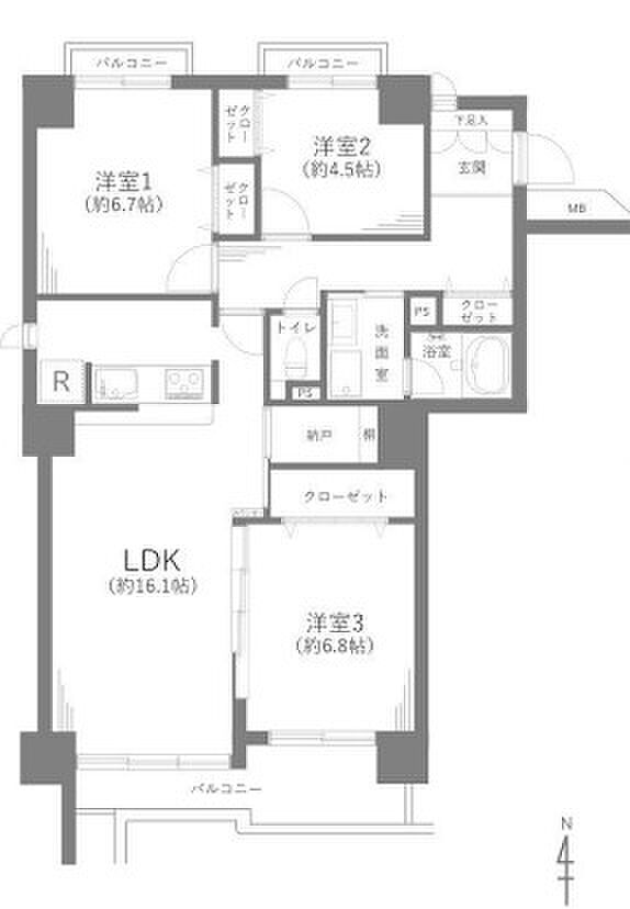 専有面積80.55平米、バルコニー面積9.95平米、広々とした3LDK