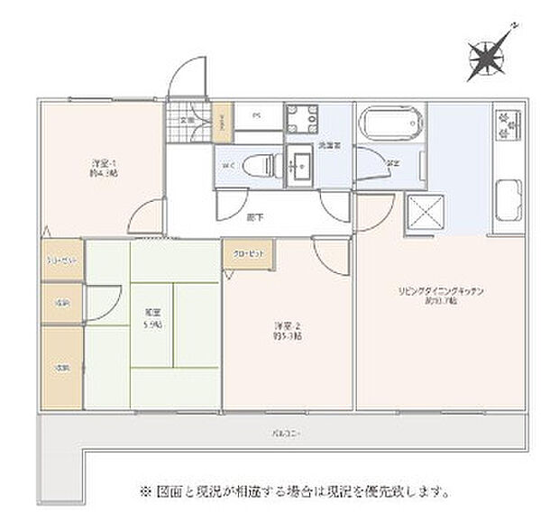 専有面積61.74平米、バルコニー面積15.72平米〜充実した設備の3LDK