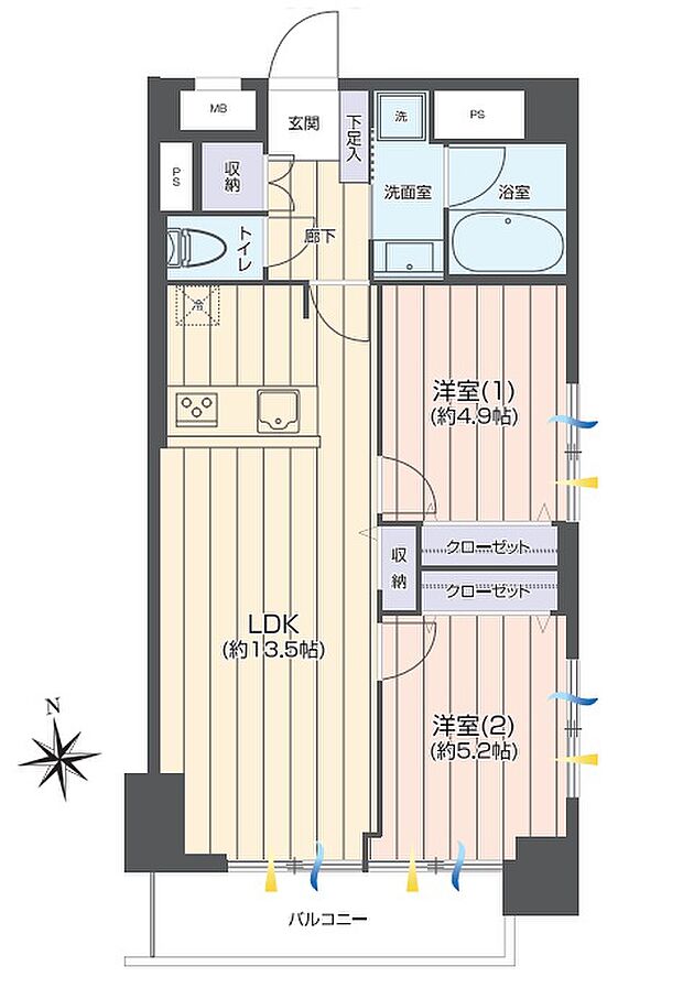 ライオンズマンション門前仲町(2LDK) 9階の間取り