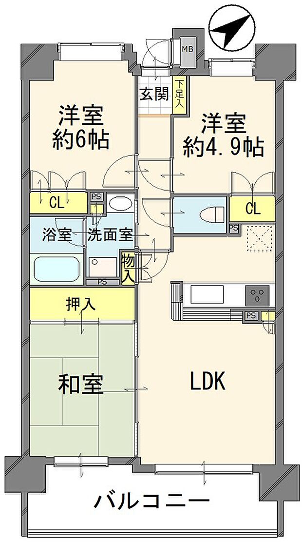 3LDK　専有面積：65.2ｍ2　バルコニー面積：10.51ｍ2