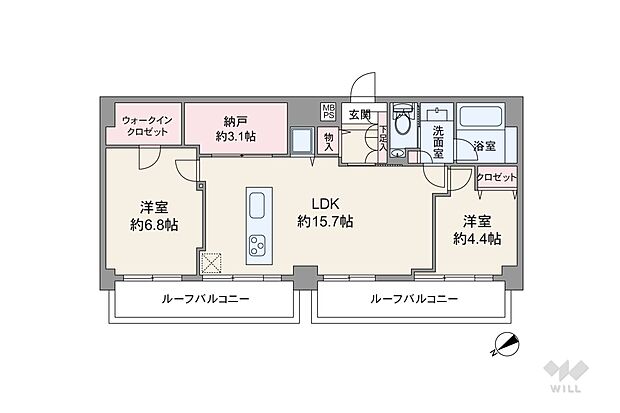 間取りは専有面積68.04平米の2LDK。ルーフバルコニー付き、LDK約15.7帖のプラン。バルコニー面積は8.32平米（概算）です。