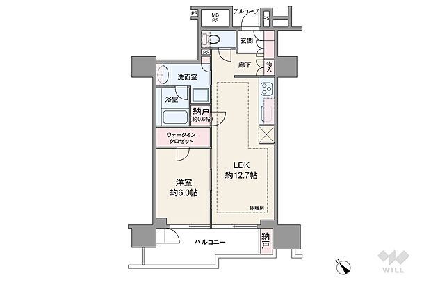 間取りは専有面積49.07平米の1LDK。LDK約12.7帖の縦長リビングのプラン。バルコニー面積は9.35平米です。