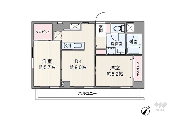 間取りは専有面積49.41平米の2DK。バルコニー面積は7.84平米です。