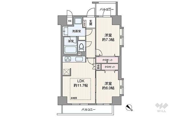 間取りは専有面積60.16平米の2LDK。LDK約11.7帖の縦長リビングのプラン。複数方向に採光部があり、バルコニー面積は8.55平米です。