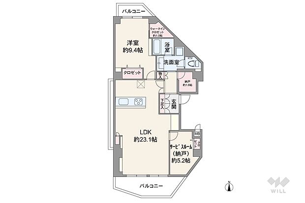 間取りは専有面積84.22平米の1SLDK。LDK約23.1帖のプラン。複数方向に採光部があり、バルコニー面積は6.6平米（概算）です。