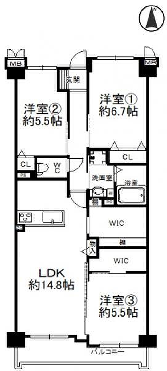 東急ドエル・アルス西宮越木岩(3LDK) 6階の間取り