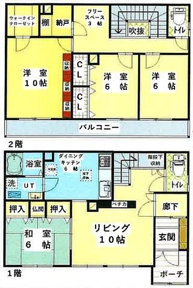 【間取り図】全居室6帖以上、収納ありの4LDK。他にもフリースペースや納戸などの収納の多さが魅力です。
