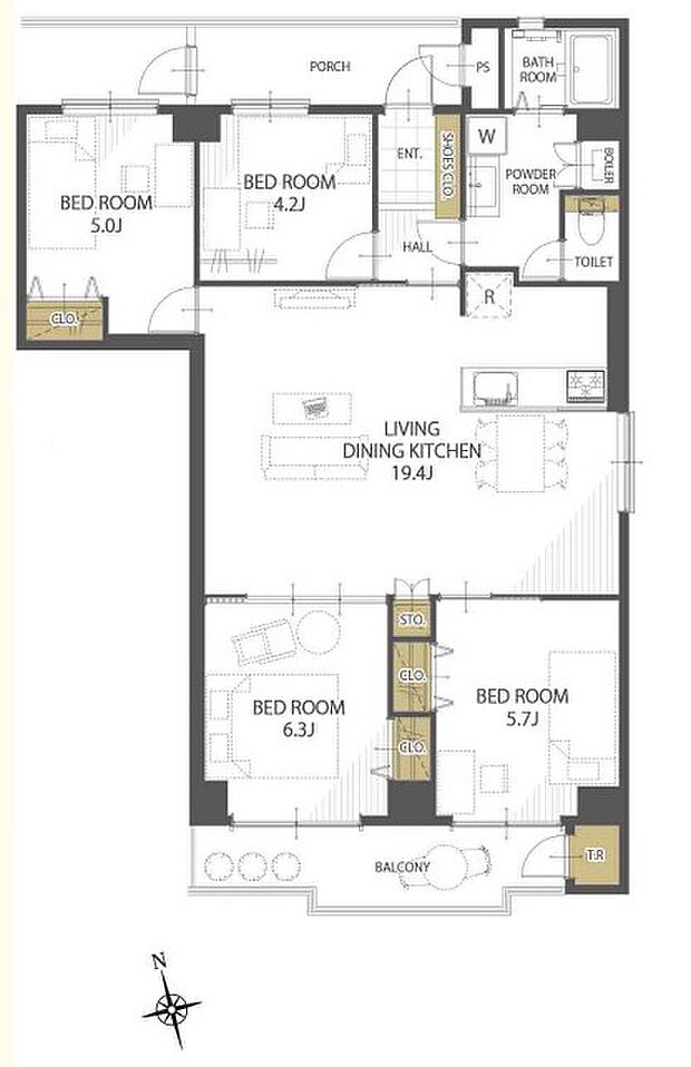 【4LDK、専有面積87.59ｍ2、バルコニー面積7.06ｍ2】