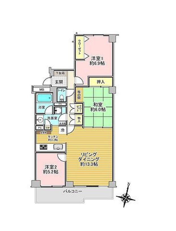 3LDK専有面積　77.76m2バルコニー面積　8.17m2