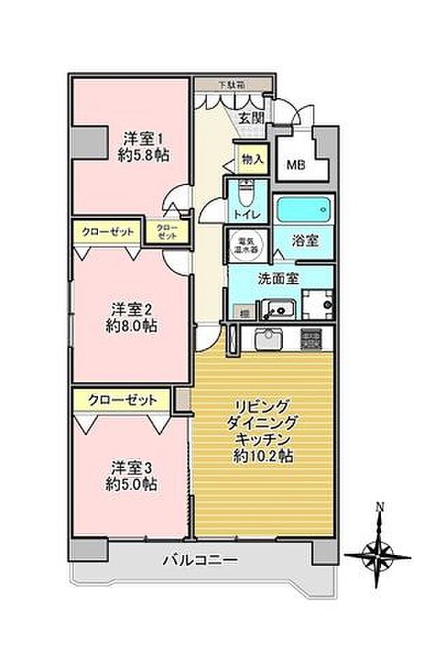 3LDK専有面積　66.22m2バルコニー面積　8.28m2