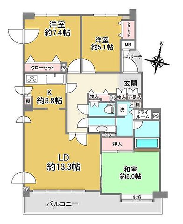 山鼻中央シティハウス(3LDK) 3階の間取り