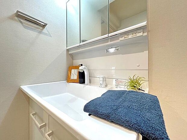 ゆとりの洗面スペースで朝の身支度も快適スムーズ。鏡の裏にはたっぷりと収納を装備！