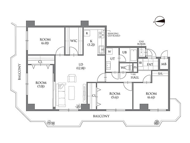 北西角住戸。ゆとりある2面バルコニーが魅力の住まいです。全居室がバルコニーに面している為、開放感があります。LDKにWICがあり、すっきりとした住空間で過ごせます。