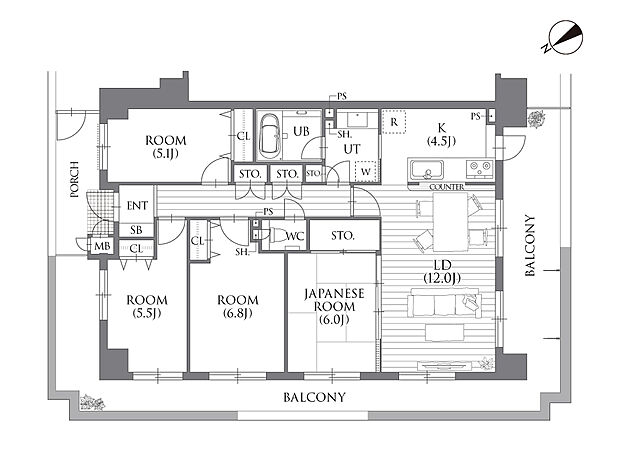 【間取図】南西角住戸につき、日当たり・通風良好！LDK・和室・洋室2部屋がバルコニーが面した開放的な住まいです。各居室や廊下など収納豊富で、すっきりとした住空間で過ごせます。