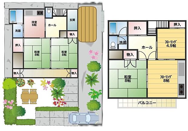 5DK、1階2階にお風呂場、洗面、トイレ、キッチンがあるので二世帯にも適応可能です。