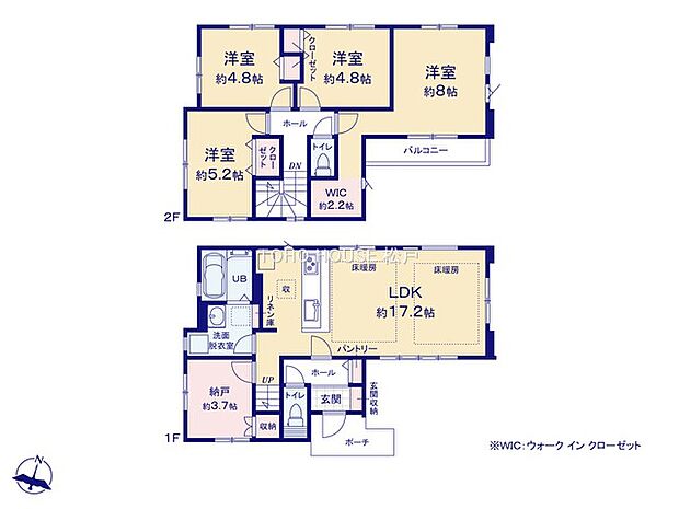 開放的な角地立地、前面道路も広々でお車の出し入れもラクラク！17帖のリビングに床暖房でポカポカです！