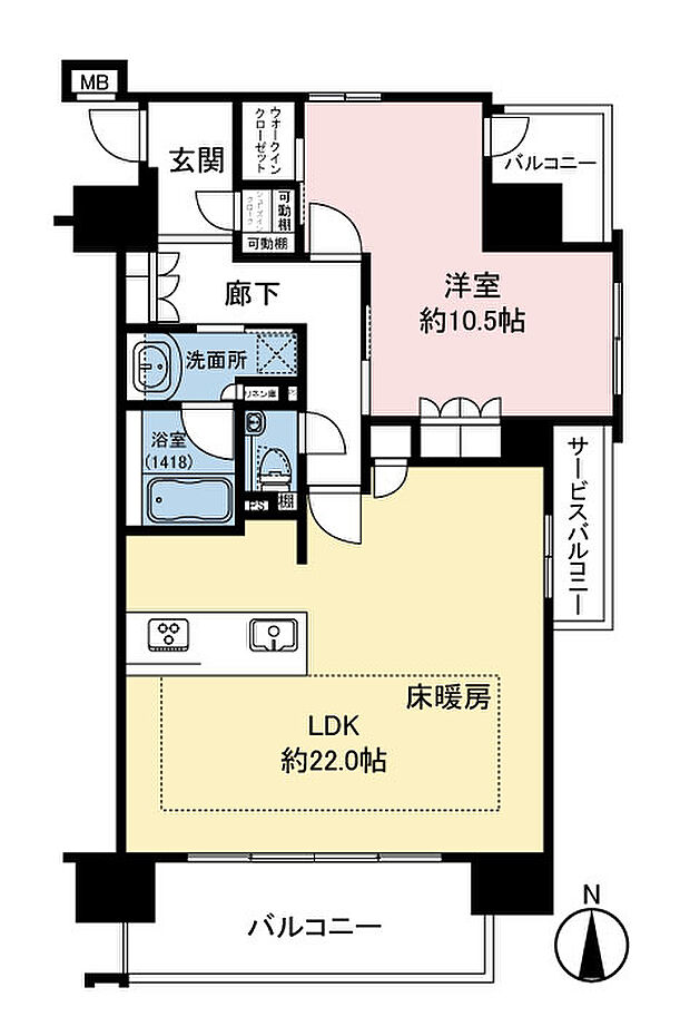 住戸のプライバシーも守られやすい角住戸1LDK。専有面積75.08m2のゆとりある広さ。