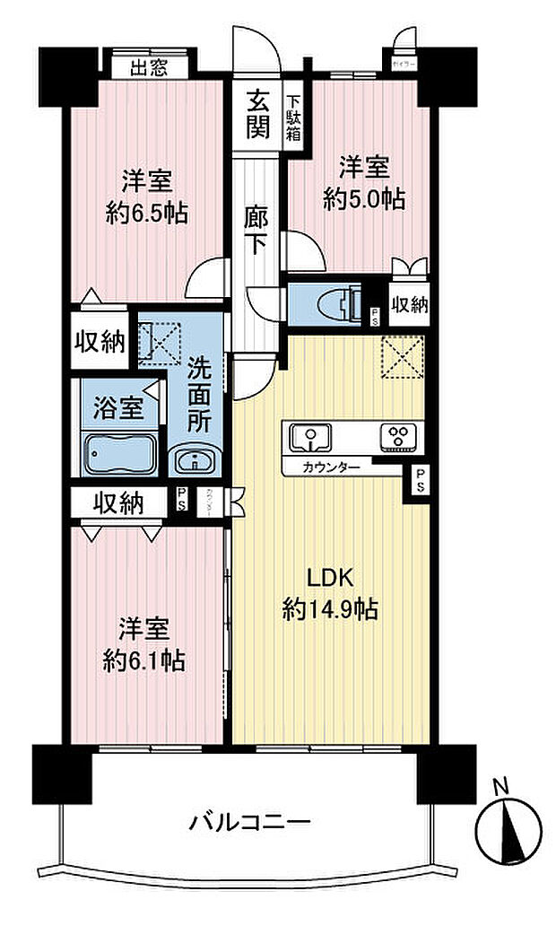 地上3階部分、南向きにつき陽当りが良く明るいお住まいです。ファミリーにぴったりの3LDKタイプ。