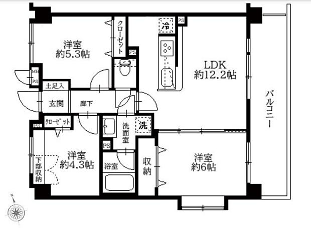 3LDK、専有面積60.35m2、東向け