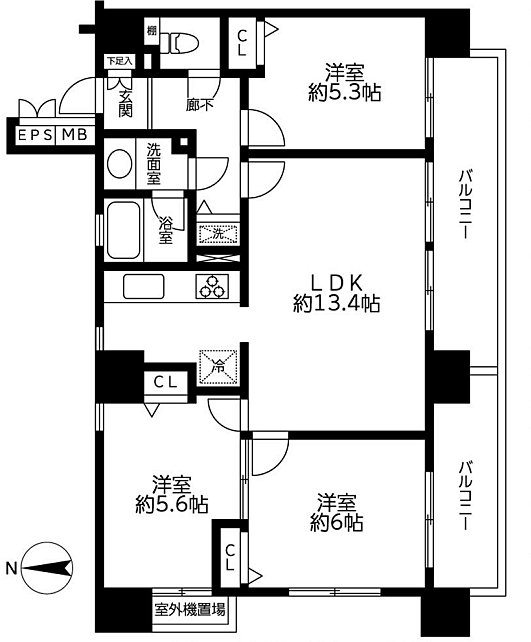 3LDK、専有面積66.46m2、南向け