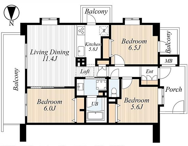 3LDK、専有面積m2、南東向け角部屋、屋根裏収納あり