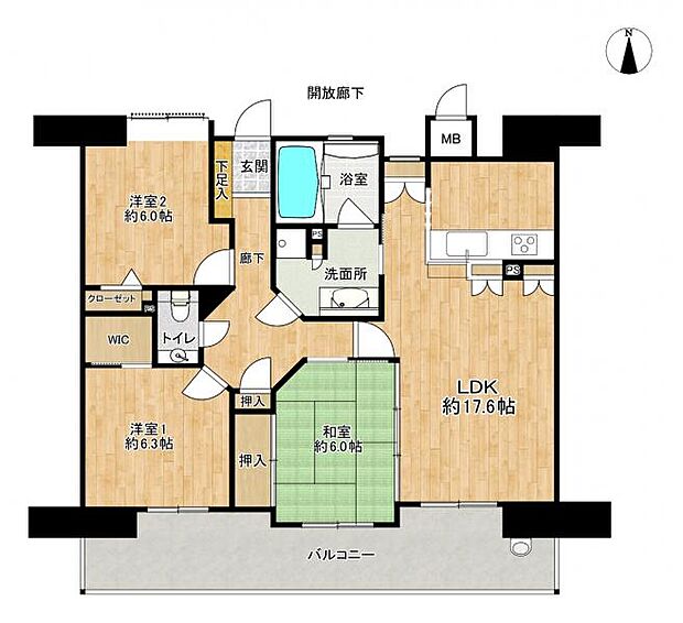 3LDK、専有面積約82.46m2、バルコニー面積約19.52m2