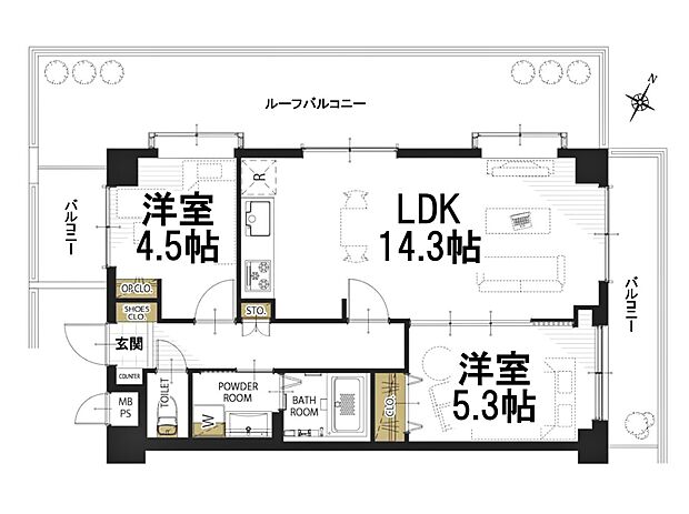 ライオンズマンション西浦和(2LDK) 4階の間取り