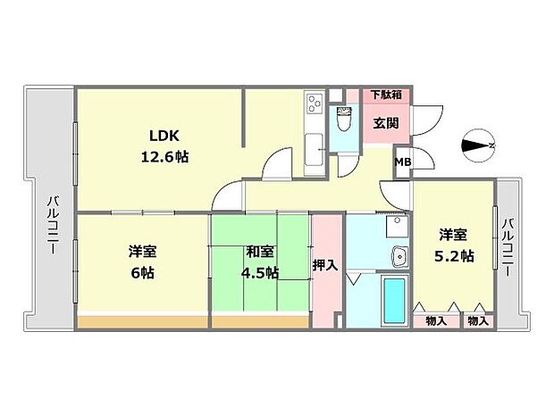 南向き両面バルコニーの3ＬＤＫプランです。室内リフォーム済みにつき、引き渡し後に直ぐに新生活がスタートできます。