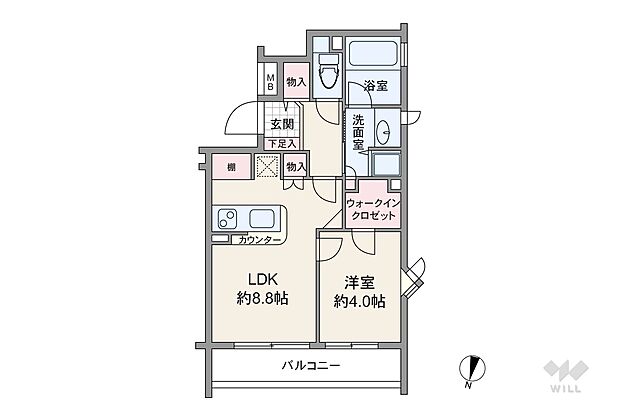 間取りは専有面積35.45平米の1LDK。バルコニー面積は4.62平米です。廊下部分が小さく居室部分に大きく割くことができています。