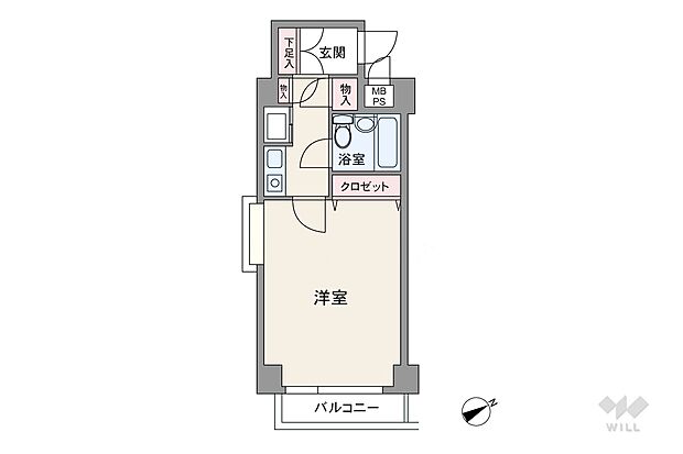 間取りは専有面積28.36平米の1R。室内への動線はプライバシーに配慮されたL字型です。