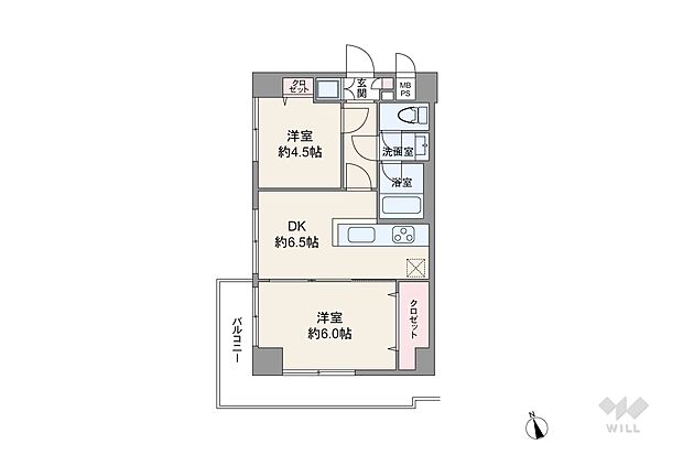 間取りは専有面積39.82平米の2DK。バルコニー側の洋室を、DKとつなげてリビング代わりに使えるプラン。バルコニーはL字型で広さにゆとりがあります（バルコニー面積：8.31平米）。