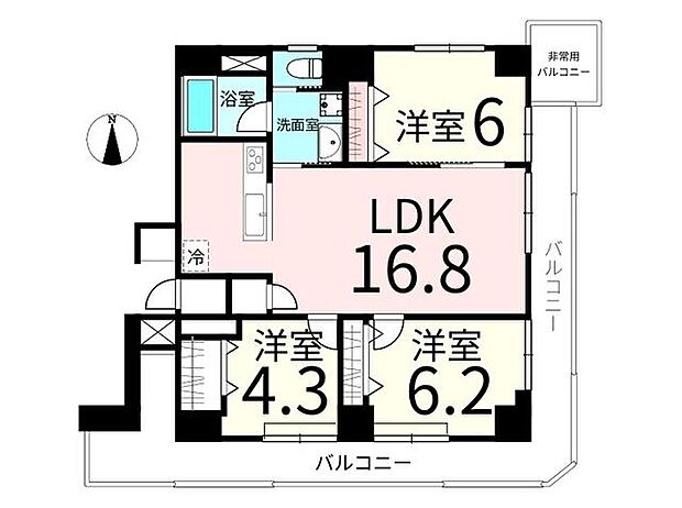 グリーンコーポ二日町(3LDK) 5階の間取り