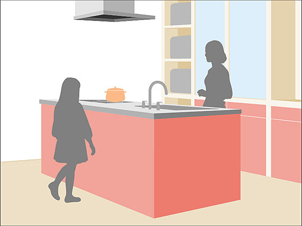 対面式システムキッチン　キッチンは、ご家族との会話が楽しめる対面式タイプを採用。リビングで遊ぶお子様の様子をうかがいながらお料理もできます。頭上に棚のないオープンタイプなら開放感もいっぱい。