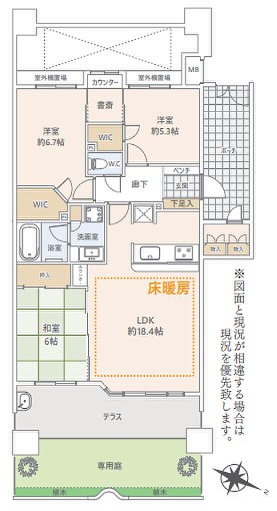 WIC、書斎、テラス、専用庭など嬉しい設備が揃った3LDKの間取り。収納たっぷり、使い勝手が良く、工夫されています。リフォーム済みなのできれいなお部屋でお住まいいただけます。いつでも内見可能です。