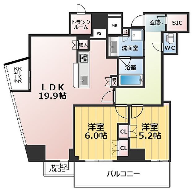 プラウドタワー北浜(2LDK) 30階の間取り